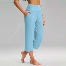 Pantalones Capri de pierna ancha de cintura alta para mujer, pantalones ajustados de tela elástica tejida para Fitness, pantalones de Yoga para deportes al aire libre y interiores - AZUL CIELO - Ver 6
