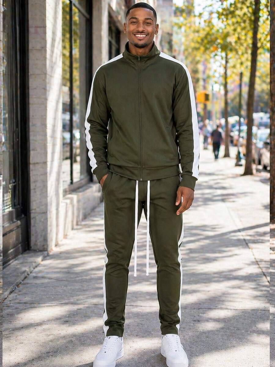 Homme Mens 2 Pc Light Weight Side Stripe Two Piece Co-Ord Track Jacket And Track Pant Set Ankle Zipper - Olive White - View 1