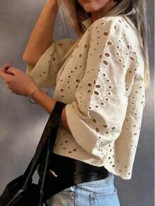 Camisa de mujer de un solo pecho bordada, para uso casual y diario, ideal para vacaciones de verano - Camel - Ver 4