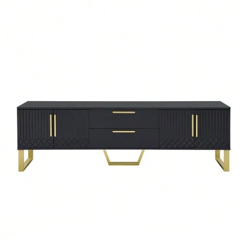 High-Gloss TV Unit: Gold Base, Handles And Legs, Engraved Textured Door, Living Room Storage Solution, Perfect Combination Of Elegance, Luxury And Functionality. - Black - View 1