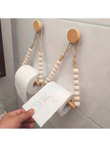 1pc Retro Rope & Wooden Bead Tissue Paper Holder, Nordic Style Wooden Towel Rack For Room Decor, Wooden Rod & Bead Toilet Paper Storage Rack - Multicolor - View 2