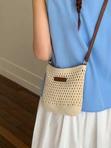 1pc Handmade Woven Mini Handbag, Detachable Chain Strap, Women's Summer Beach Travel Daily Crossbody Bag - Beige - View 4