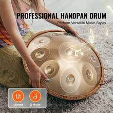 VEVOR Handpan Drum, 22 In & 10 Notes, D Minor Hand Drum, Hand Pan Drum Instrument With Mallets, 432Hz Handpan Stand & Carry Bag, Steel Healing Sound Drum, Percussion Instruments For Adults Beginners - Handpan, 22 Inch, 10 Notes, D Minor, Gold - 查看 3