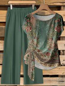 Conjunto de dos piezas para mujer estilo bohemio, blusa corta con estampado floral vintage color verde y pantalones anchos, tela suave y fluida, estilo romántico y elegante, ideal para primavera, verano, vacaciones, playa, bodas tropicales, fiestas de soltera, citas, paseos por el jardín, regalos para el Día de la Madre y festivales de música bohemios - Multicolor - Ver 9