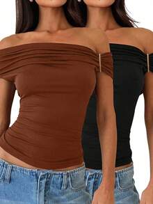 Women's Summer Short Sleeve Sexy Off-Shoulder Cinched Waist Metal Buckle Decor Casual Daily Outfit - Mixed Colors - View 3
