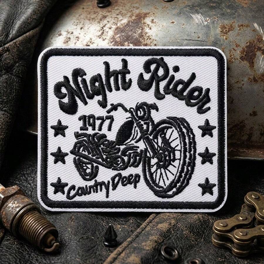 RHUAGYP 1pc Vintage "Night Rider" Motorcycle Embroidered Patch, Retro Motorcycle Style, Iron-On Applique, Suitable For Clothing, Jackets, Backpacks And Other DIY Decorative Fabric Badges - Multicolor - View 1