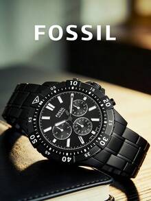 Fossil 44毫米全黑表盘不锈钢表带单向旋转表圈夜光指针石英日期显示军用风格模拟计时腕表 FS5773 Garrett - 黑色 - 查看 4