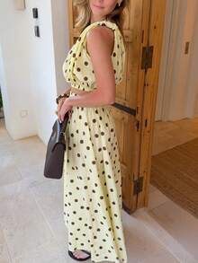 New Elegant Polka Dot 2-Piece Set, Graceful Formal Party, Vacation, Date Night, Suitable For All Seasons With Elastic Waist Summer - Yellow - View 5