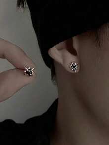 1 Pair Fashionable Unique Black Rhinestone North Star Stud Earrings, Suitable For Men's Daily And Festival Wear - 黑色 - 查看 4