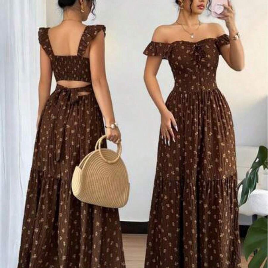 French Elegant Casual Vacation Square Neck Lotus Leaf Flying Sleeves Polka Dot Print Texture Plaid Woven Chiffon Material Back Tie Pleated Large Skirt Spring And Summer Red Women Dress Summer Summer Women Skirt Long Skirt Vacation Dress Women Polka Dot Dress Elegant Women Dress Women Summer Dress Red Dress Flowing Skirt Summer Dress - Marrón - Ver 1