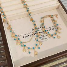 1pc/Set Gold Shell & Blue Cubic Zirconia Double-Layer Necklace | Sweet Beach Style Jewelry | Essential Accessory For Women's Daily & Vacation - Multicolor - View 6