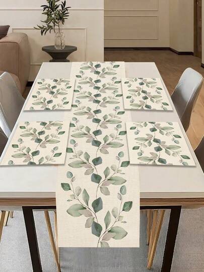 1 pièce Chemin de table en lin à imprimé feuille botanique fraîche, convient pour les fêtes, les anniversaires, les dîners, la décoration de la cuisine et de la salle à manger, la housse de meuble à chaussures, la décoration et le textile d'intérieur toutes saisons