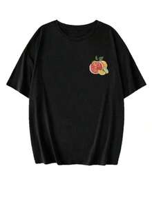 Summer Tops: White Short Sleeve Crew Neck T-Shirt With Lemon And Grapefruit Print, New Casual Summer Collection For Women, Versatile And Fashionable, Cotton T-Shirt, Summer Outfit. - Black - View 4