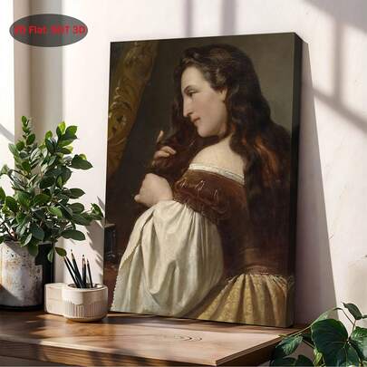 2D Flat, 1pc Peel And Stick Vintage Woman Portrait Oil Painting - Moody Elegant Female Art Print Suitable For Bedroom, Living Room, Bathroom Wall Decor - Peel & Stick Framed Canvas Day Gift, Winter Fall Fashion Décor, 2D Flat