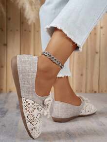 Linen Summer Mesh Shoes New Loafers Bow Knot Woven Women Hollow Flat Shoes, Fashion Comfortable Lightweight Casual Slip-On Flat Shoes Suitable For Daily Commute And Outdoor Wear, Ballet Shoes - 卡其色 - 查看 7