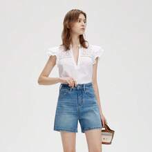 Women's Textured Denim Shorts Straight Fit Stylish Mid Waist Casual Summer Lightweight Shorts - Blue - View 3