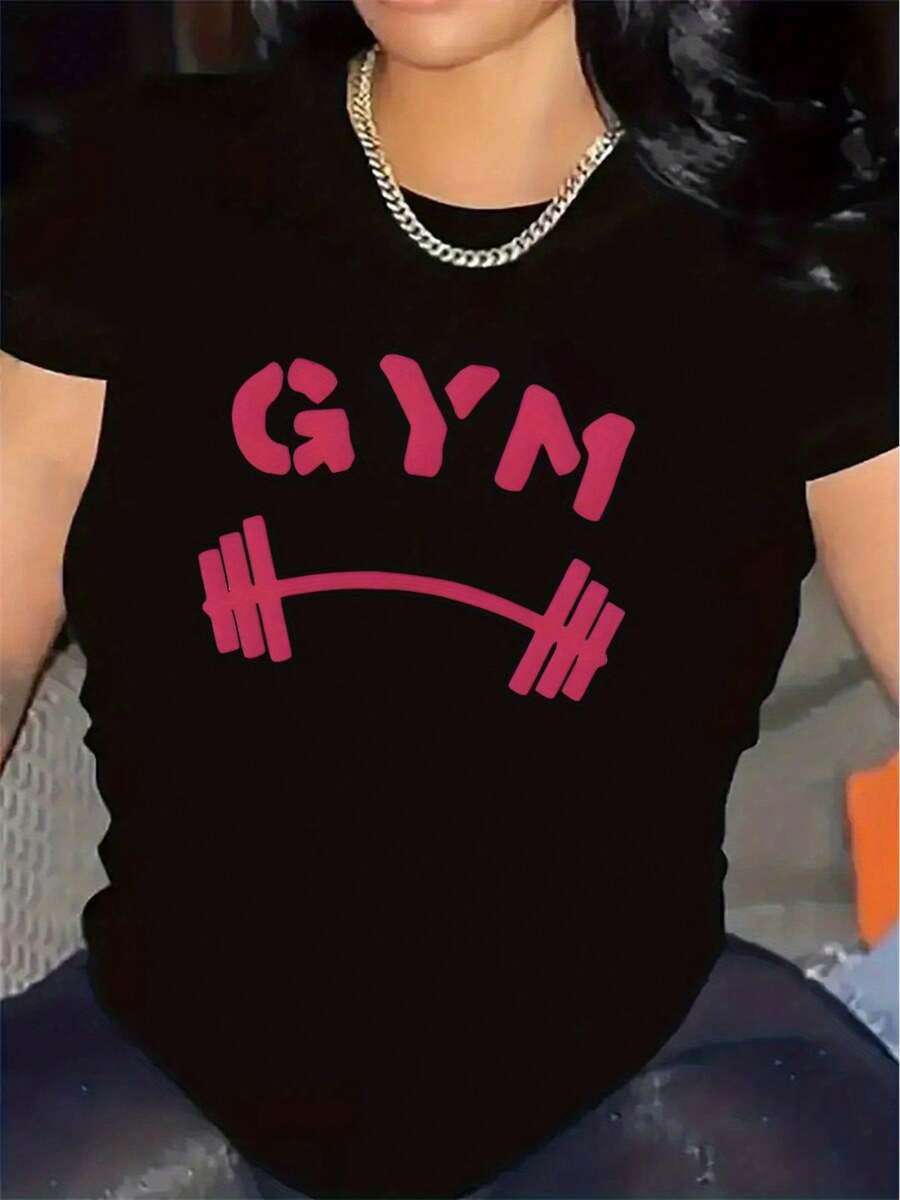 Durable And Comfortable Fitness T-Shirt With Round Neck, Lightweight Stretch Fabric, Modern Style Print, Suitable For Home Workouts And Outdoor Activities, Functional Fitness Clothing For All Seasons, Ideal For Fitness Enthusiasts. - 黑色 - 查看 1