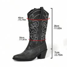 黑色刺繡不對稱中跟方頭西部靴,百搭優雅舒適套腳靴,適合辦公、通勤與日常穿著 - 黑色 - 查看 9