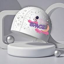 Kids Cartoon Swimming Cap, Unicorn/Astronaut/Swan Print, Waterproof Swim Cap For Girls, Suitable For Long Hair, Back To School, First Day Of School - White - View 2