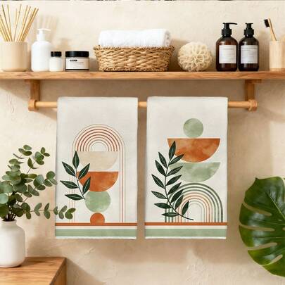2pcs Orange & Green Geometric Pattern Kitchen Towels, 40*60cm Soft Microfiber Material, Suitable For Cooking, Baking, Cleaning, Home, Restaurant, Camping, Tabletop, Dish Washing, Holiday Gift