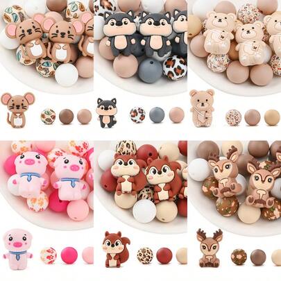 32pcs Cute Animal Theme Silicone Bead Set, Silicone Focal Beads Including Mouse, Deer, Squirrel, Pig, Milk Tea Bear, Cat Cartoon Designs, Suitable For Jewelry Making, DIY Bracelets, Lanyards, Beaded Pens, Holiday Decorations, And Other Crafts - Ideal Gift - Beading Set, Beading Supplies