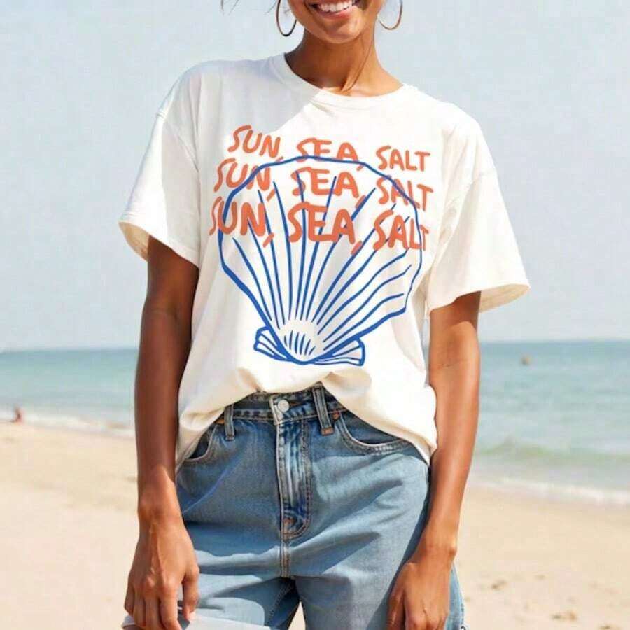 Retro Seashell Graphic Tee Coastal Summer Shirt Ropa Mujer - White - View 1