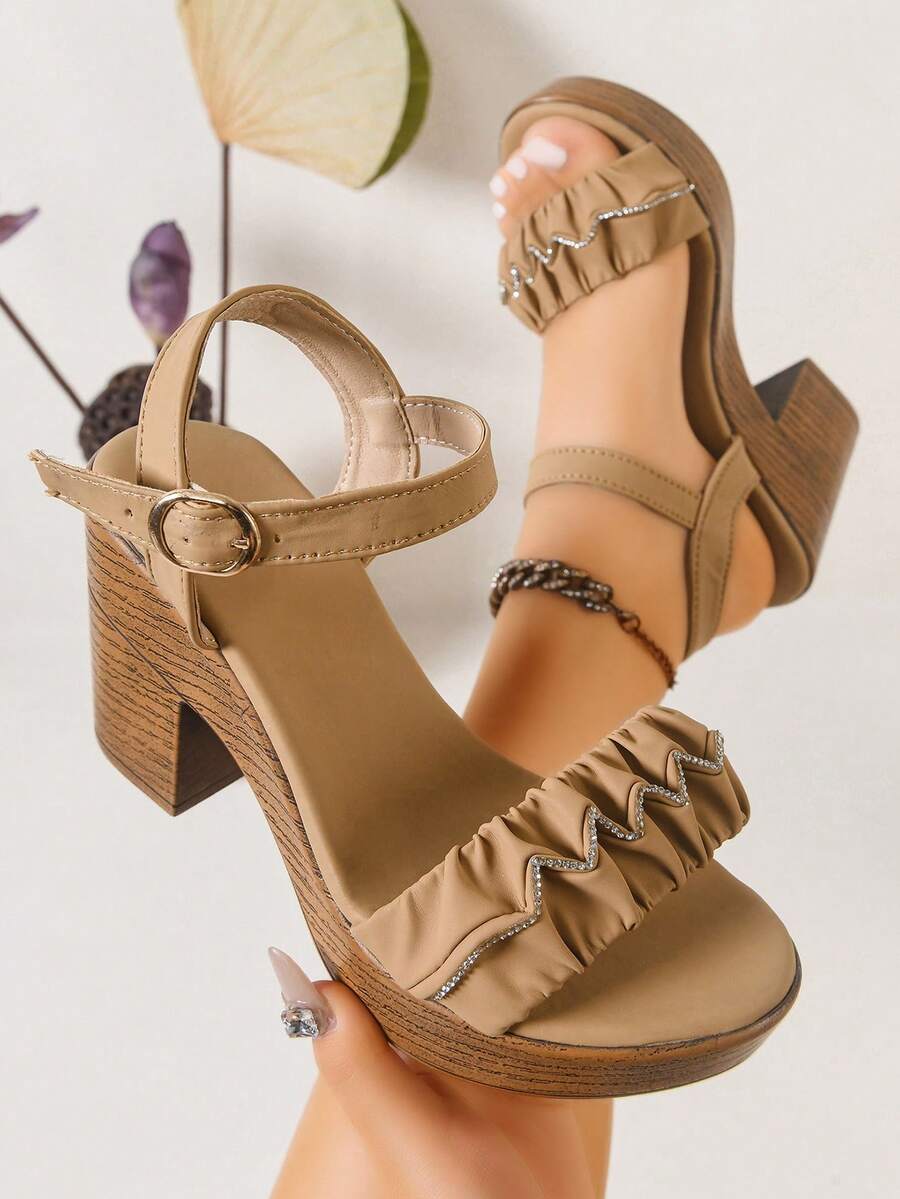 Women's Platform Wedge Sandals, Retro Ruched Edge Rhinestone Decor Faux Wood Grain Bottom, Vacation Style Wedge Sandals, Suitable For Parties, Vacations And Daily Wear - Apricot - View 1