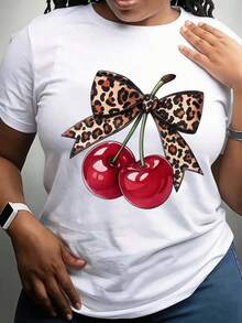 Nueva camiseta de manga corta con cuello redondo para mujeres, diseño primavera-verano, combina perfectamente un estampado moderno y minimalista de leopardo con un estampado de cereza, transpirable y absorbe la sudoración.Envío directo desde nuestro almacén local, modelo para parejas, ideal para llevar en pareja. - Blanco - Ver 3