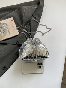 1个冬季新款豹纹棕色单肩包，毛绒材质金属链条水桶包，适合派对、工作、购物、约会、圣诞礼物等场合。 - 銀色 - 查看 7
