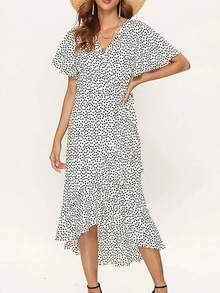 Vestido playero largo sexi con flores para mujer, vestido bohemio de gasa largo con volantes estampado, vestido entallado informal con cuello de pico y abertura de verano - BLANCO - Ver 5