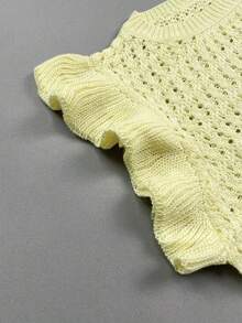 Women's Crochet Striped Knit Sleeveless Top, Lightweight Round Neck Ruffle Hem Short Sleeve Top Summer - Yellow - View 11