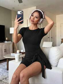 6pecil Women's Tennis Skirt With Short Sleeve Knotted Side Golf Sports Mini Dress With Built-In Shorts - Black - View 10