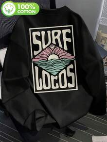 [Double Side Print] Women's Long Sleeve T-Shirt, Vintage Style Surfing Waves And Sun Print, Round Neck, Pure Women's T-Shirt [Quiet K]-T Shirt Damen - Black - View 3