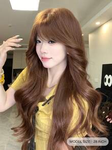alicegarden 28-Inch Long Synthetic Wig Featuring A Natural Wavy Style In A A Stunning Brown. Designed With Bangs , This False Hairpiece Is Perfect For Ms Daily Party Cosplay Use, Offering A Natural And Natural Durable Wig Gift For Ladies. - Brown - View 2