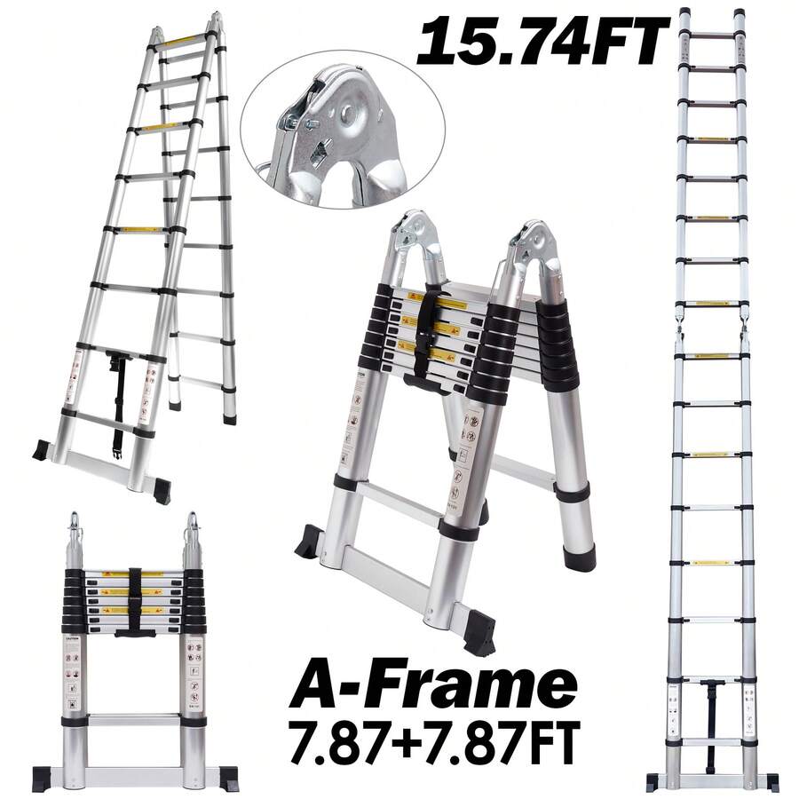 A-Frame Multi-Functional Aluminum Alloy Telescopic Ladder, 8+8 Steps, Foldable A-Frame 2.35m+2.35m And Straight Ladder Extension, Heavy-Duty Folding Ladder, 450 Lb Load Capacity, Suitable For Shopping Malls, Homes, And Construction Sites