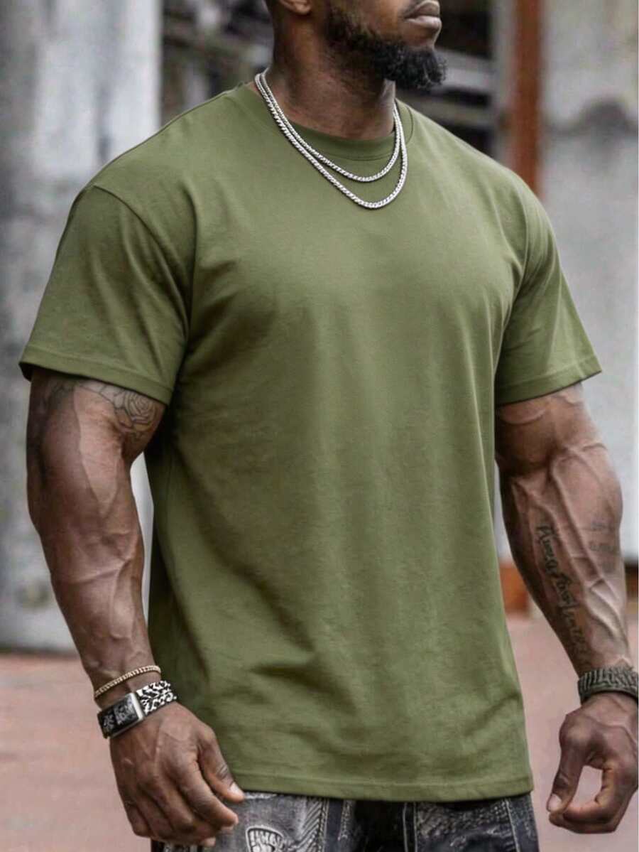 男士新款针织圆领短袖T恤，休闲简约风，夏季款 - 軍綠色 - 查看 1