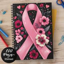 1pc Spiral Notebook With Horizontal Lines, Pink Ribbon Floral Design, Breast Cancer Awareness Gift Notebook, Suitable For Women And Men, Office & School Supplies, Inspirational Gift For Friends And Colleagues, Scrapbooking DIY Kit, Spiral Bound Horizontal Line Notebook - D - View 6