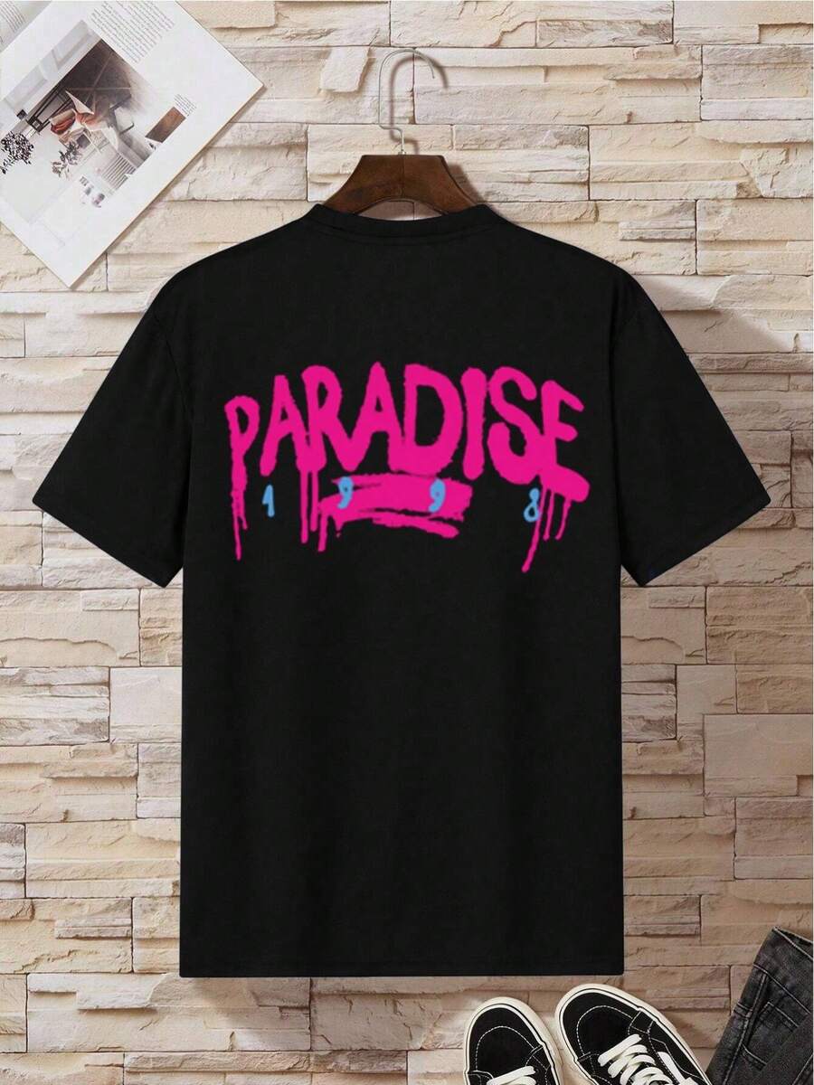 Men's Short-Sleeved T-Shirt With Round Neck And Letter Print - 黑色 - 查看 1
