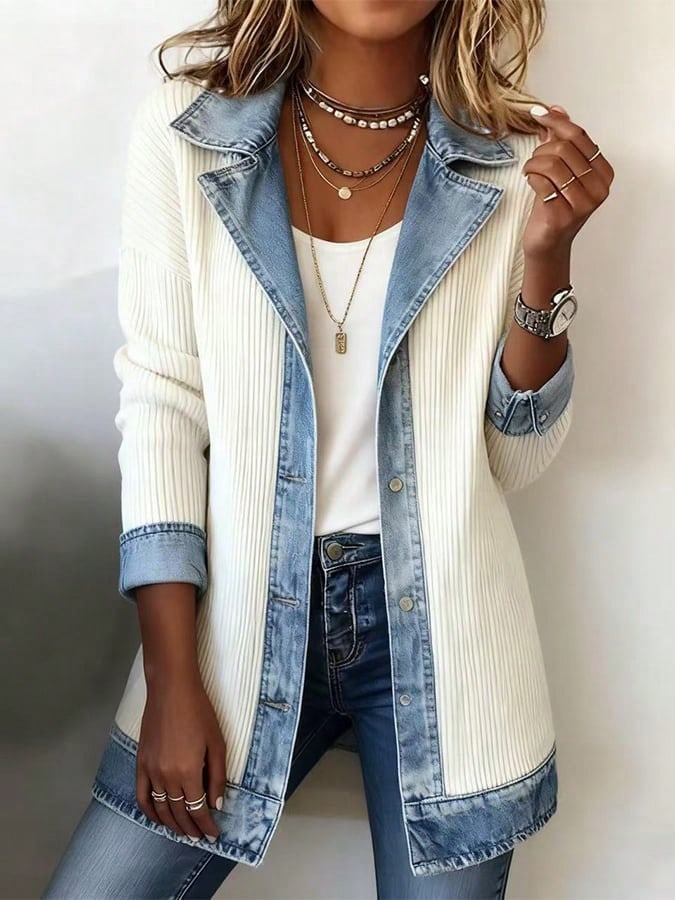 Women's Patchwork Jacket Slim Fit Long Sleeve Elegant Casual Autumn Coat - White - View 1
