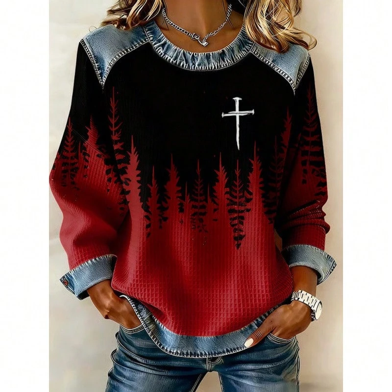 Women's Graphic Print Sweatshirt Round Neck Long Sleeve Casual Pullover Loose Fit Top - Black - View 1