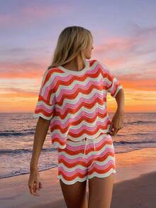 Conjunto de 2 piezas de top de manga corta de ganchillo hueco y pantalones cortos casuales de estilo europeo y americano para mujer, ideal para vacaciones y verano en la playa - Multicolor - Ver 2