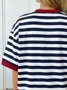 Striped Print Oversized Loose Fit Short Sleeve T-Shirt, Casual Vacation For Women Summer - Navy Blue - View 4