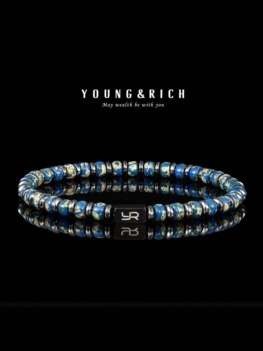 YOUNG&RICH 男士地球主题串珠手链 – 蓝色和天然纹理玻璃珠弹力手链，配不锈钢饰件