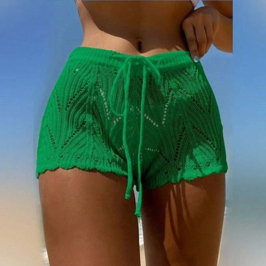 Pantalones cortos de playa para mujer, pantalones cortos de Bikini holgados de cintura alta con cordón de encaje de punto calado, cintura elástica, suaves y transpirables - verde - Ver 1