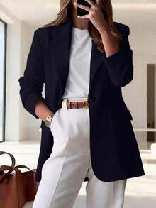 1 pieza Chaqueta ligera de mujer con diseño de solapa y bolsillo casual y holgada, adecuada para primavera y verano - azul real - Ver 9