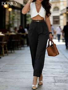 Women's Solid Cream Wide-Leg Pants, Elegant Pleated Fabric For Office & Casual Wear, Spring/Summer - Black - View 4