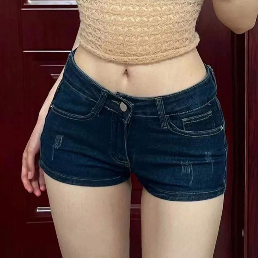 Pantalones cortos vaqueros ajustados sexis de verano para mujer, pantalones cortos Vintage de color azul profundo con bolsillos de cintura baja, Mini pantalones cortos vaqueros coreanos Y2K para mujer - azul profundo - Ver 1