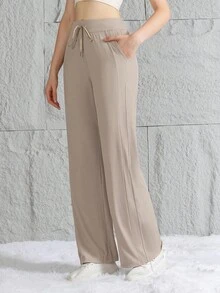 Pantalones de seda de hielo para mujer, pantalones de pierna ancha suaves, cómodos y transpirables, nuevos pantalones informales adelgazantes de cintura alta - Caqui - Ver 6