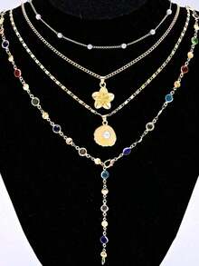 4pcs Vintage Bohemian Style Metal & Faux Pearl Flower Pendant Tassel Necklace Set, Y-Shaped Chain, Suitable Daily Wear And Beach Vacation, Women Jewelry - 銀色 - 查看 9
