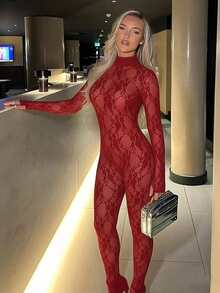 Women's Lace Bodysuit Ruffled Collar Sleeveless Backless Sheer Fitted Jumpsuit Summer - Red - View 3
